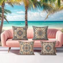 4pcs Bohemian Geometric Retro Pattern Series - Retro Printed Throw Pillow Cover & Sofa Cushion, 45x45cm Coral Fleece Pillowcase