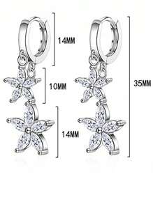 1pair Cubic Zirconia Flower Drop Hoop Earrings - Double Flower Earrings - View 3