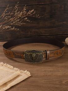 1pc Unisex Retro Western Cowboy Animal Buckle Embossed PU Leather Belt, Fashionable All-Match Suitable For Jeans, Skirts And Year-Round Wear - Multicolor - View 3