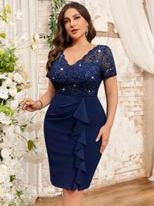 Plus V-Neck Sequin Lace Bodice Ruffle Hem Evening Party Bodycon Dress, Elegant Semi Formal Wedding Guest Dress, For Birthday, Graduation, Dinner Date - Navy Blue - View 6