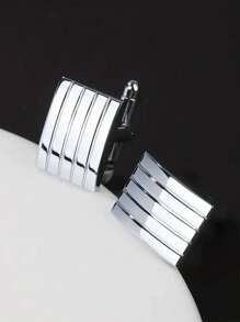 1 Pair Rectangle Curved Laser Striped Business Classic Cufflinks (2pcs) - Mature Man Gift, Father's Day, Matte Silver Cufflinks And Tie Clip Set - Cufflinks - View 13