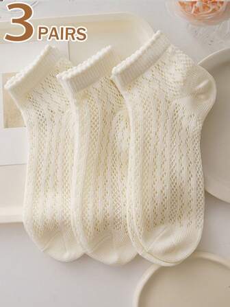 3 双女士象牙色蕾丝镂空轻质短袜，柔软舒适，适合夏季