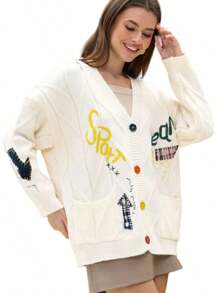 Women's Chunky Knit Long Sleeve Cardigan V-Neck Button Embroidered Sweater Jacket - White - View 4