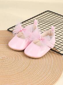 1 Pair Girls Bowknot PU Hook And Loop Design Flats, Shiny Casual Fashion Princess Shoes, Suitable For Spring & Autumn - Pink - View 4