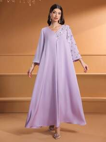 Women's V-Neck Solid Color Handmade Beaded Elegant Long Arabic Style Dress,Modest - Light Purple - View 3