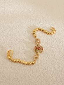Bohemian Style Round Bead Women'S Fashion Bracelet, 18k Gold-Plated Colored Cubic Zirconia, Elegant Style, Copper Base, Suitable For Daily Wear And Wedding Jewelry, Seasonal Accessories