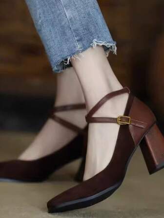 Damen Schwarze Französisch Chic Quadratische Zehenkappe Dicke Absatz Plateau High Heel Sandalen mit Einzelriemen, Weinrot, Elegant