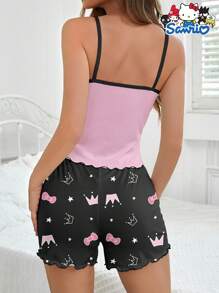 Sanrio Set di 2 pigiami da donna Hello Kitty Sanrio, con bretelle e pantaloncini, con stampa di corona e fiocco