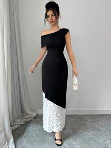 Keke Bloomly New Women's Asymmetrical Shoulder Fitted Mermaid Rose Romantic Floral Patchwork Long Dress, Valentine's Day Outfit, Autumn New Arrival, Suitable For Parties - Black and White - View 6
