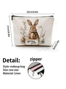 1pc Easter Bunny, Egg & Bow Letter Linen Print Cosmetic Bag, Adorable Travel Makeup Pouch & Multipurpose Coin Purse, Lightweight Gift Essential For Women