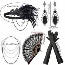 7pcs 1920s Women's Party Makeup Masquerade Headdress, Earrings, Feather Headpiece, Gloves, Bracelet, Cigarette Holder, Lace Hand Fan, 5-Piece Flapper Party Costume Set, Suitable For Halloween Party Prom - Black - View 2