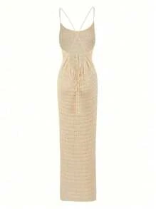 Vestido largo de gasa transparente con abertura y espalda descubierta de estilo halter, tipo túnica para traje de baño y vacaciones de talla grande