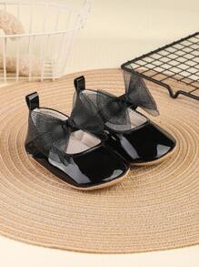 1 Pair Girls Bow PU Hook And Loop Design Flat Shiny Casual Fashion Versatile Princess Shoes, Suitable For Spring & Autumn - Black - View 1