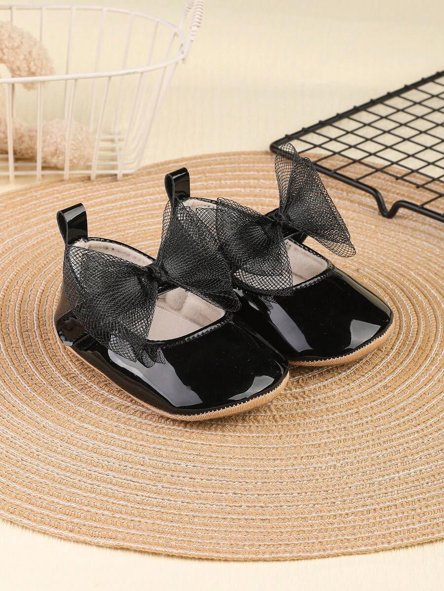 1 Pair Girls Bow PU Hook And Loop Design Flat Shiny Casual Fashion Versatile Princess Shoes, Suitable For Spring & Autumn - Black - View 1