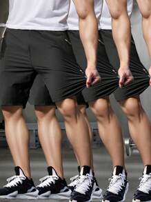 3pcs Teen Boy Solid Color Casual Outdoor Sports Shorts - Black - View 4
