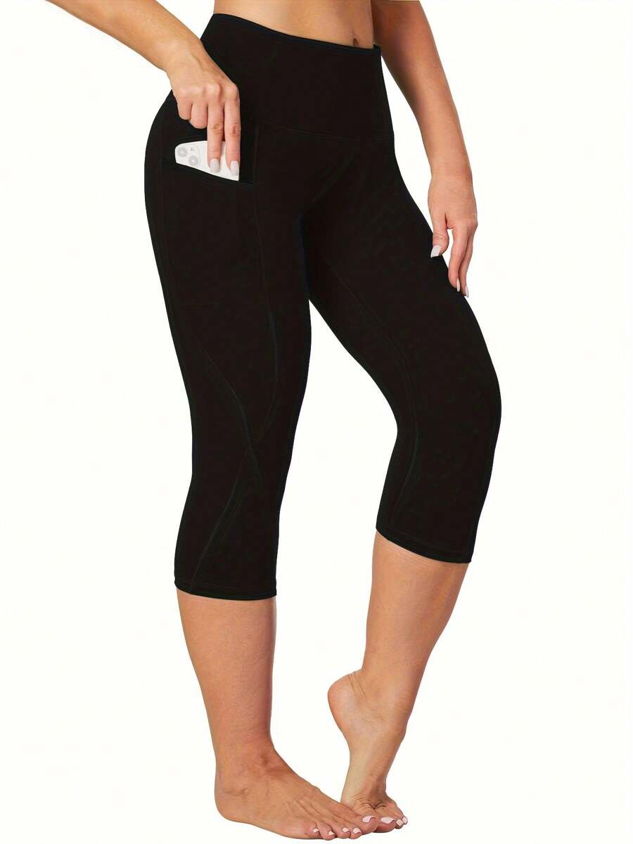 Plus Size Women's Capri Tights With Pockets - Stretchy, High Waist, Slimming, Black Yoga Pants, XL-4XL - Black - View 1