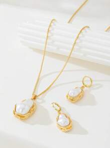 Bộ 3 món/Bộ trang sức ngọc trai hình dạng bất đối xứng phóng đại theo phong cách Châu Âu cổ điển, vòng cổ và hoa tai thanh lịch kết hợp làm quà tặng cho phụ nữ - Vàng vàng + trắng - Xem 2