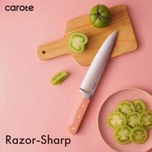 CAROTE 11 Pieces Knife Set With Block For Kitchen, Stainless Steel Razor-Sharp Blade, Triple Riveted Ergonomic Handle, Wooden Magnetic Block, Essential Knife Block Set, Beigeprompt Goods - Pink - View 3