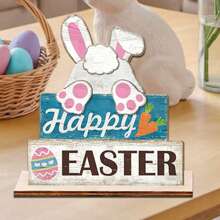 1 PIEZA Decoración de mesa de comedor de Pascua con conejo feliz, logotipo de mesa de madera de conejo, bandeja escalonada de estilo campestre, decoración de centro de mesa de conejo de primavera, apropiado para fiestas de granja en días festivos