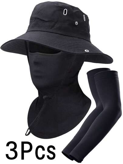 宽边太阳帽 + 面罩 + 袖套，UPF 50+ 防紫外线防水可打包渔夫帽，男女皆宜，钓鱼徒步海滩花园
