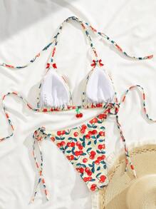 2025 Fashionable Cute Cherry Print Women Beach Holiday Bikini Swimsuit, Cherry Ornament Bowknot Side Drawstring 2 Pieces Bikini Set, Ideal For Summer Dates, Romantic Parties - Yellow - View 3