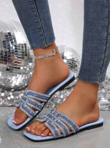Nuove ciabatte estive da donna casual con punta quadrata e aperta, decorate con strass di cristallo, adatte per uso all'aperto e spiaggia