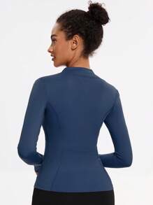 VUTRU Women's Fitted Sports Jacket With Thumb Hole Design And Stand Collar - Navy Blue - View 3