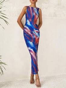 Women Elegant Floral Print Bodycon Mesh Maxi Dresses Summer Tie Dye Sleeveless Ruched Back Slit Long Dress Party Cocktail Wedding Guest Evening Night Out Formal Dress - 深藍色花 - 查看 4