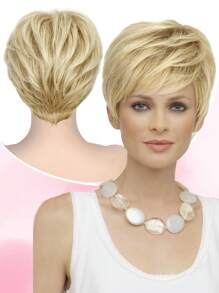 耐热短款精灵假发，带预切刘海 | 无胶玫瑰网帽 | 凌乱金色合成假发，适合日常和派对 | 敏感肌肤友好型