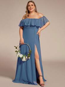EVERPRETTY Plus Size Women's Solid Color Ruffle Off-Shoulder Elegant Bridesmaid Dress - Dusty Blue - View 4