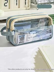 手提双层透明铅笔袋笔袋撞色方形收纳袋文具学校返校铅笔袋书包 - 藍色 - 查看 12