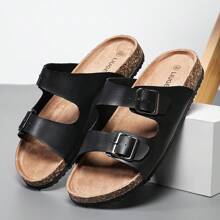 Adjustable Buckle Unisex Casual Slippers, Soft Cork Slide Sandals, Outdoor Beach Shoes, Suitable For Men And Women, Plus Size - Black - View 5