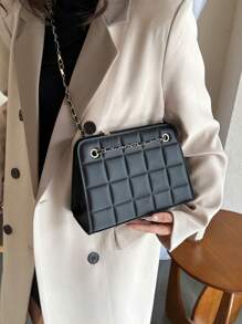 New Fashionable Solid Color PU Leather Plaid Square Bag, Elegant Versatile Business Commuting Office Metal Chain Crossbody Bag, Vintage Large Capacity Travel Vacation Underarm Bag, Casual Outdoor Shopping Handbag, Women Shoulder Bags For Holiday Gifts - Multicolor - View 4