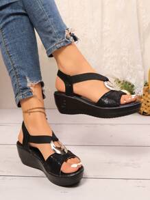 2025 Summer New Casual Wedge Sandals, Platform Dress Sandals With Metal Buckle, Faux Linen Rope Lightweight Peep Toe Elastic Strap,Travel Essential - Black - View 4