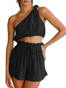  Womens 2 Piece Outfits Linen Matching Sets Two Piece Crop Tops And Paper Bag Waist Shorts Sets 2025 Summer Outfits - 黑色 - 查看 4