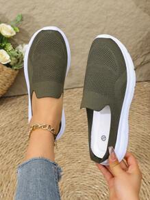 女士圆头休闲运动鞋，轻便透气，织物鞋面，适合日常穿着、户外、通勤、跑步、健身房、校园、春夏秋季，时尚百搭，绿色休闲运动鞋 - 軍綠色 - 查看 2