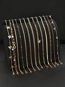 14pcs/19pcs/22pcs/Set Elegant Bohemian Style Metal Faux Pearl, Butterfly, Hollow Heart, Shell, Fish Tail Anklets Multi-Piece Suit, Ideal For Women Summer Beach Holiday Everyday, Perfect Gift For Anniversaries, Friends, Family - Yellow Gold - View 5