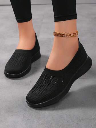 全新夏季透气网眼轻便一脚蹬运动鞋，女式加大码，休闲，工作，黑色，舒适平底鞋