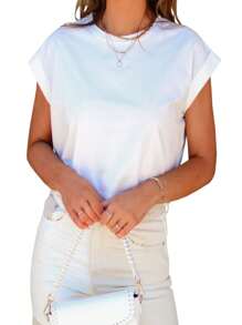 KAHULE Womens Round Neck Short Sleeve T-Shirts Rolled Dolman Sleeve Tops Solid Casual Cropped Tees - trắng - Xem 3