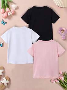 3 PIECES Of Girls Cartoon Character Print Casual Round Neck Short-Sleeved T-Shirt, Suitable For Spring, Summer And Autumn Fashion Clothing