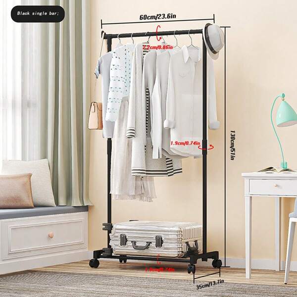 1pc Single/Double Bar Garment Rack With Wheels, All-In-One Clothes Hanger, Shoe Rack, Convenient Assembly, Multi-Layer Storage