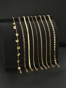 14pcs/19pcs/22pcs/Set Elegant Bohemian Style Metal Faux Pearl, Butterfly, Hollow Heart, Shell, Fish Tail Anklets Multi-Piece Suit, Ideal For Women Summer Beach Holiday Everyday, Perfect Gift For Anniversaries, Friends, Family - Yellow Gold - View 8