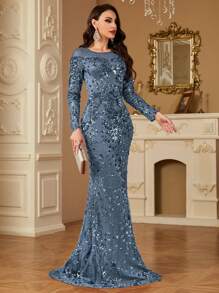 hezixi Stretchy Sequin Round Neck Long Sleeve Fishtail Hem Formal Dress, Very Comfortable To Wear, Suitable For Different Figures, Can Be Worn As Formal Occasion Dress, Party Dress, Evening Gown, Wedding Guest Dress, Etc. - 霧霾藍 - 查看 3
