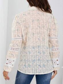 Eilly Bazar Women's Collared French Princess Sleeve Patchwork Floral Embroidery Long Sleeve Vacation Shirt, Spring/Summer