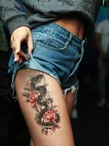 2 件装奇幻哥特式花卉、蛇、虎、狐狸、骷髅性感防水临时纹身贴纸 - 彩色 - 查看 2