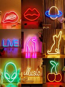 1 件独特照明装饰 LED 霓虹灯标志，牙齿嘴唇露背星球猫樱桃嘴唇红色，LIVE 蓝色，外星人绿色，音乐暖白色 LED 霓虹灯标志，室内婚礼派对墙壁装饰，5V USB 供电卧室客厅霓虹灯标志