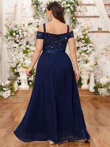 Vestido Longo Formal de Festa com Ombros de Fora em Renda com Lantejoulas e Chiffon Contrastante, Vestido de Formatura, Casamento, Convidado, Formatura, para Jantar, Homecoming