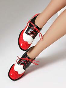 Women's Retro Floral Lace Patchwork Oxfords, Thick Heel Lace-Up Contrast Color High Heels