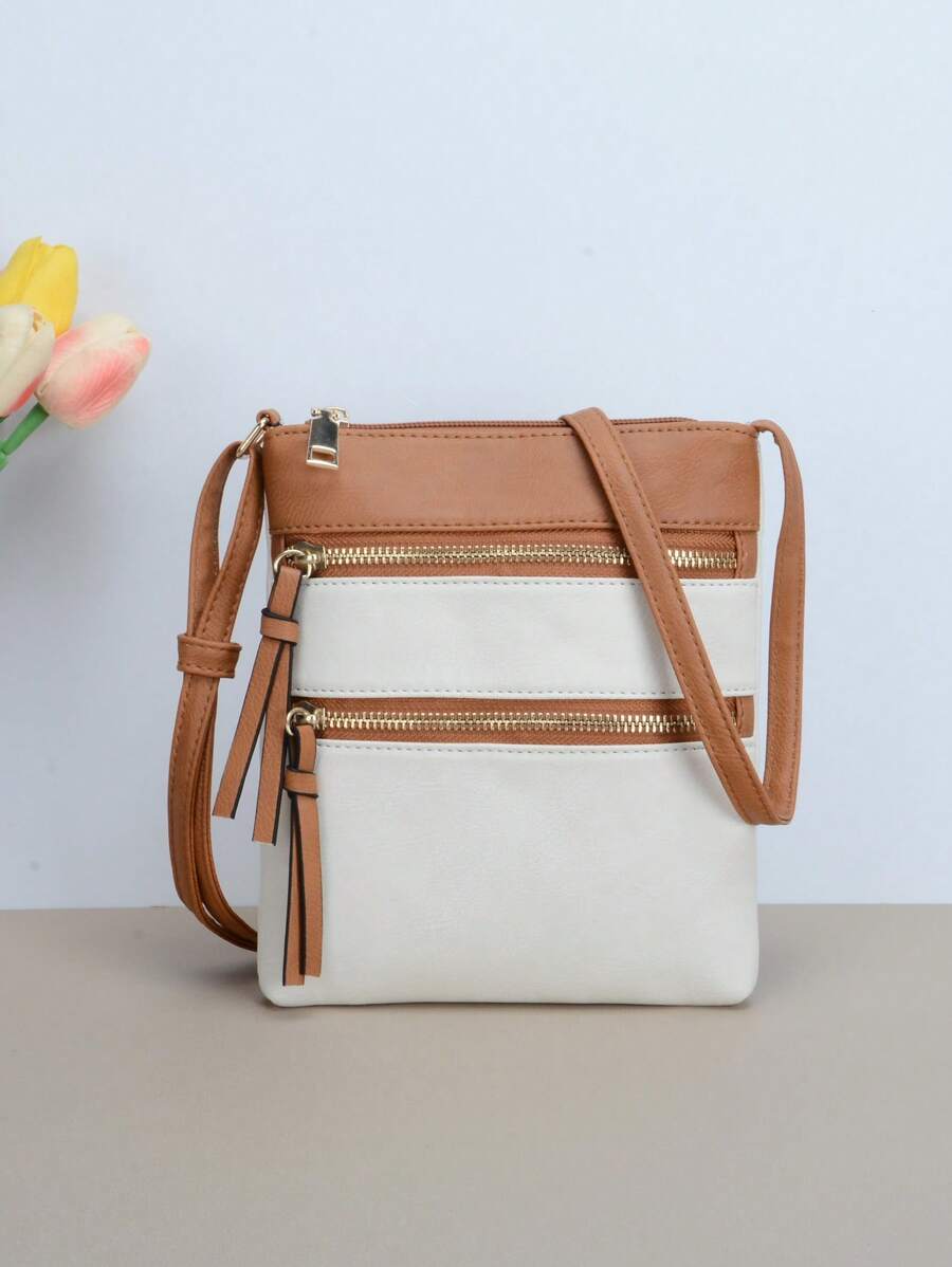 全新休闲斜挎包纯色 PU 皮革翻盖单肩包设计师女士手提包和钱包 - 白棕色 - 查看 1