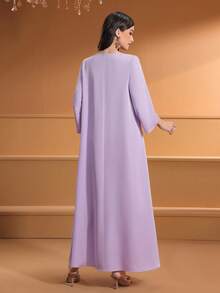 Women's V-Neck Solid Color Handmade Beaded Elegant Long Arabic Style Dress,Modest - Light Purple - View 4
